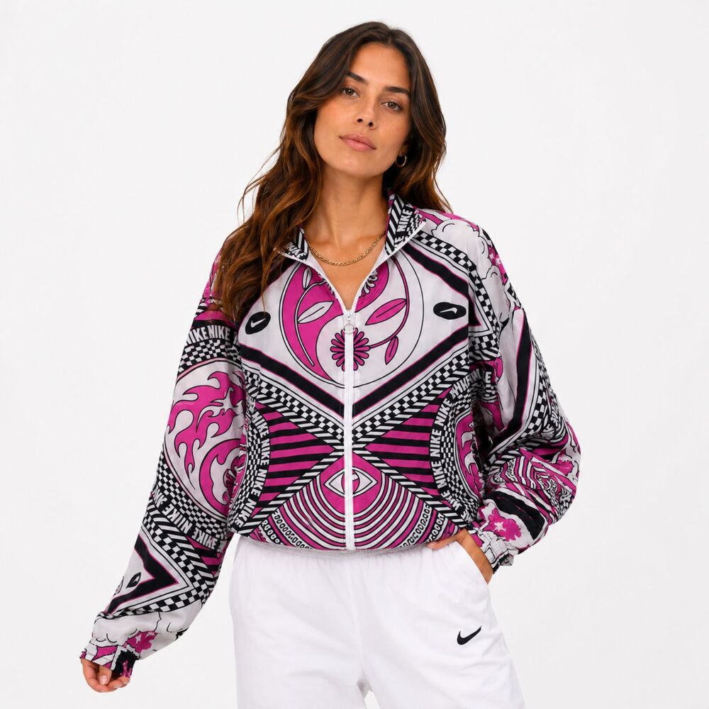 Nike Women Jacket Sz L Windrunner Pink Yin Yang Geometric Print Full Zip 70s